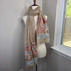 29 Palm Boho Embroidered Floral Scarf Brown Indie Fringe Hippie Festival Wrap